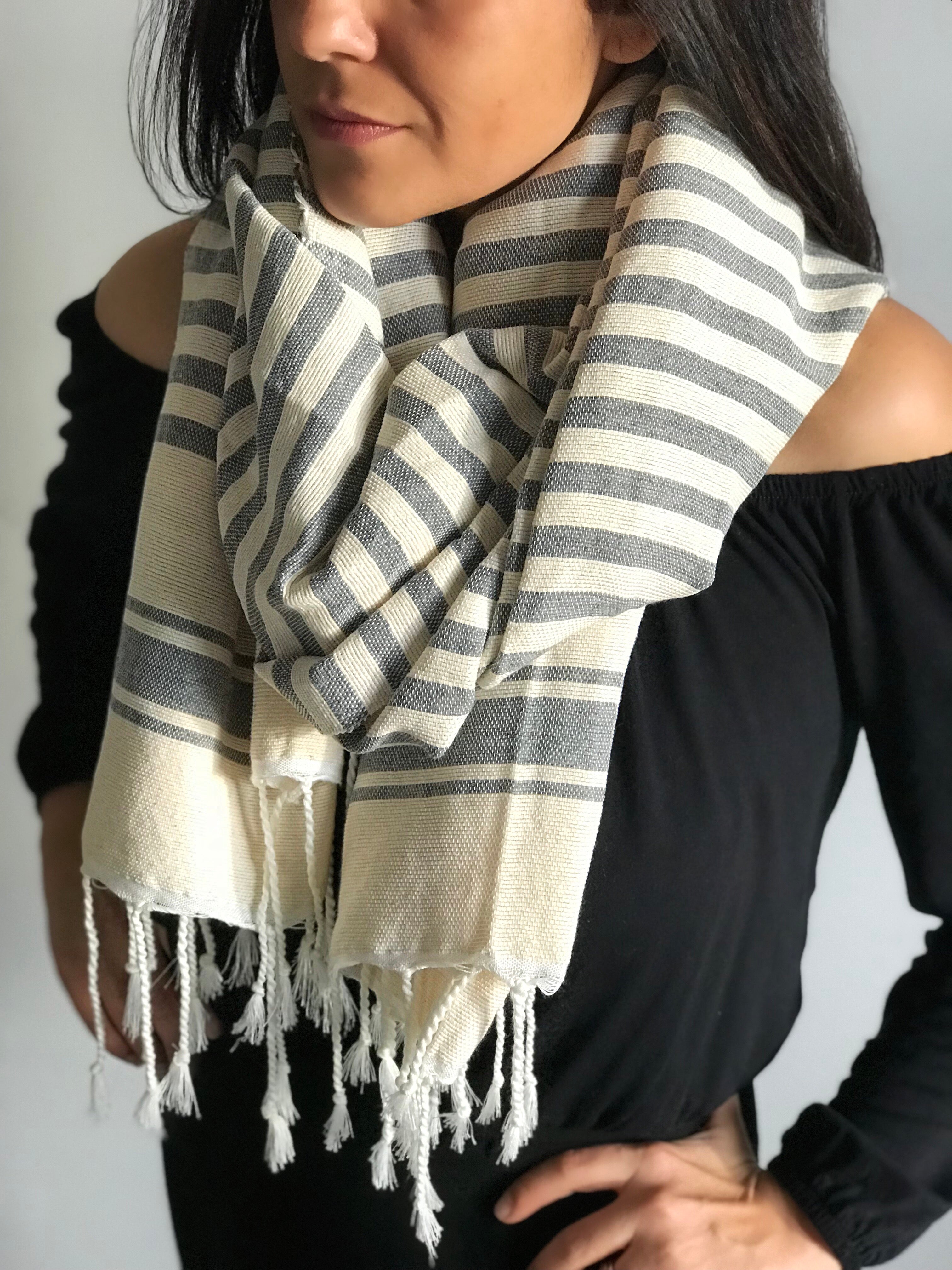 Hammam Towel - NATURAL w/ Grey Stripes