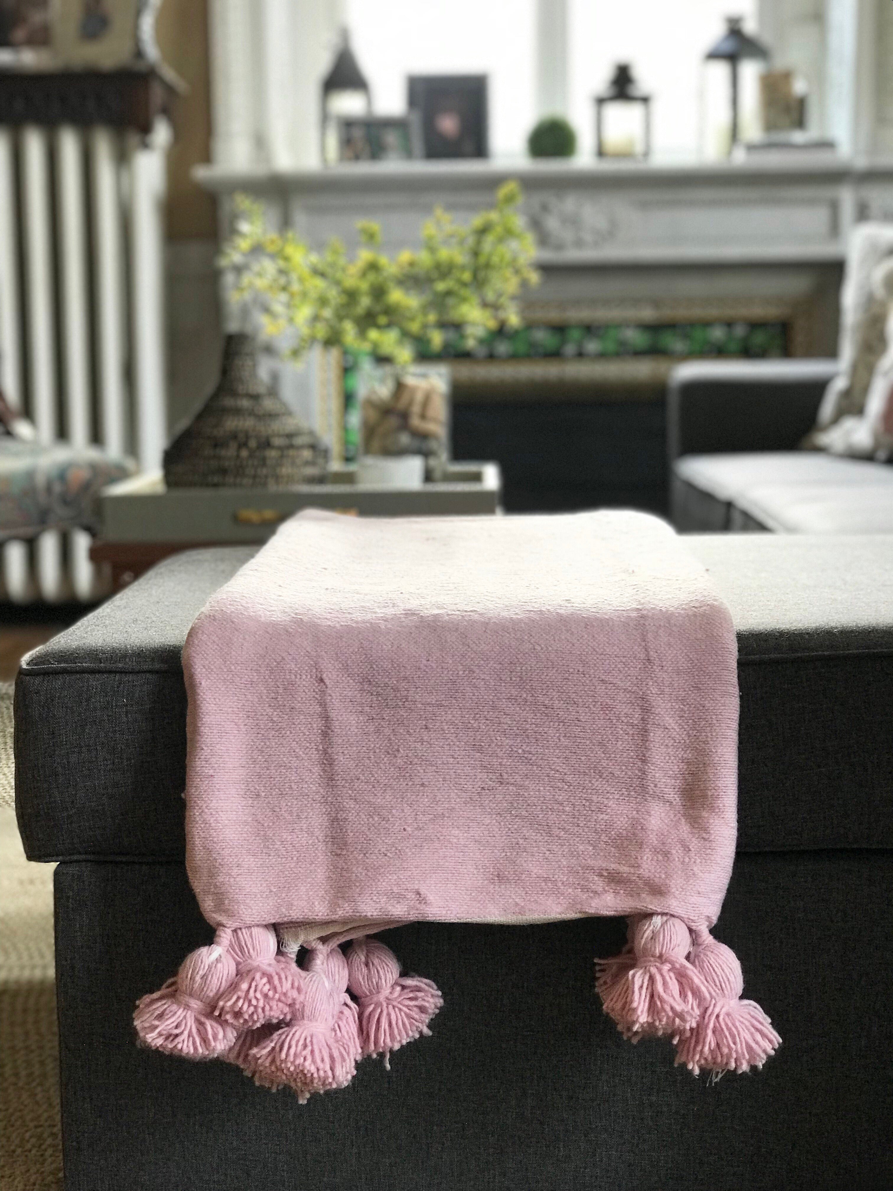 Hand-Woven Moroccan Pom Pom Blanket - Pink